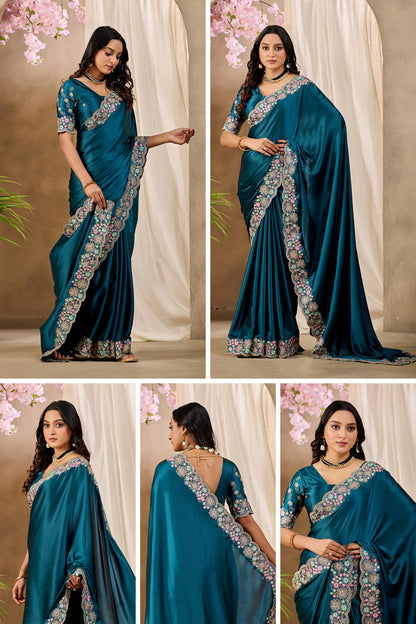 MANASVI Satin Embellished Embroidered Saree - Dark Mor Peach