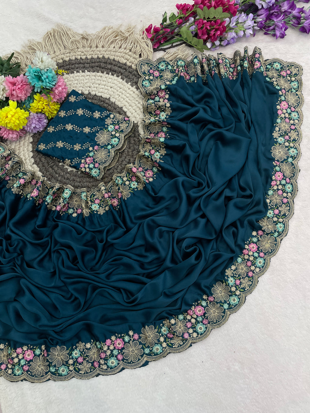 MANASVI Satin Embellished Embroidered Saree - Dark Mor Peach