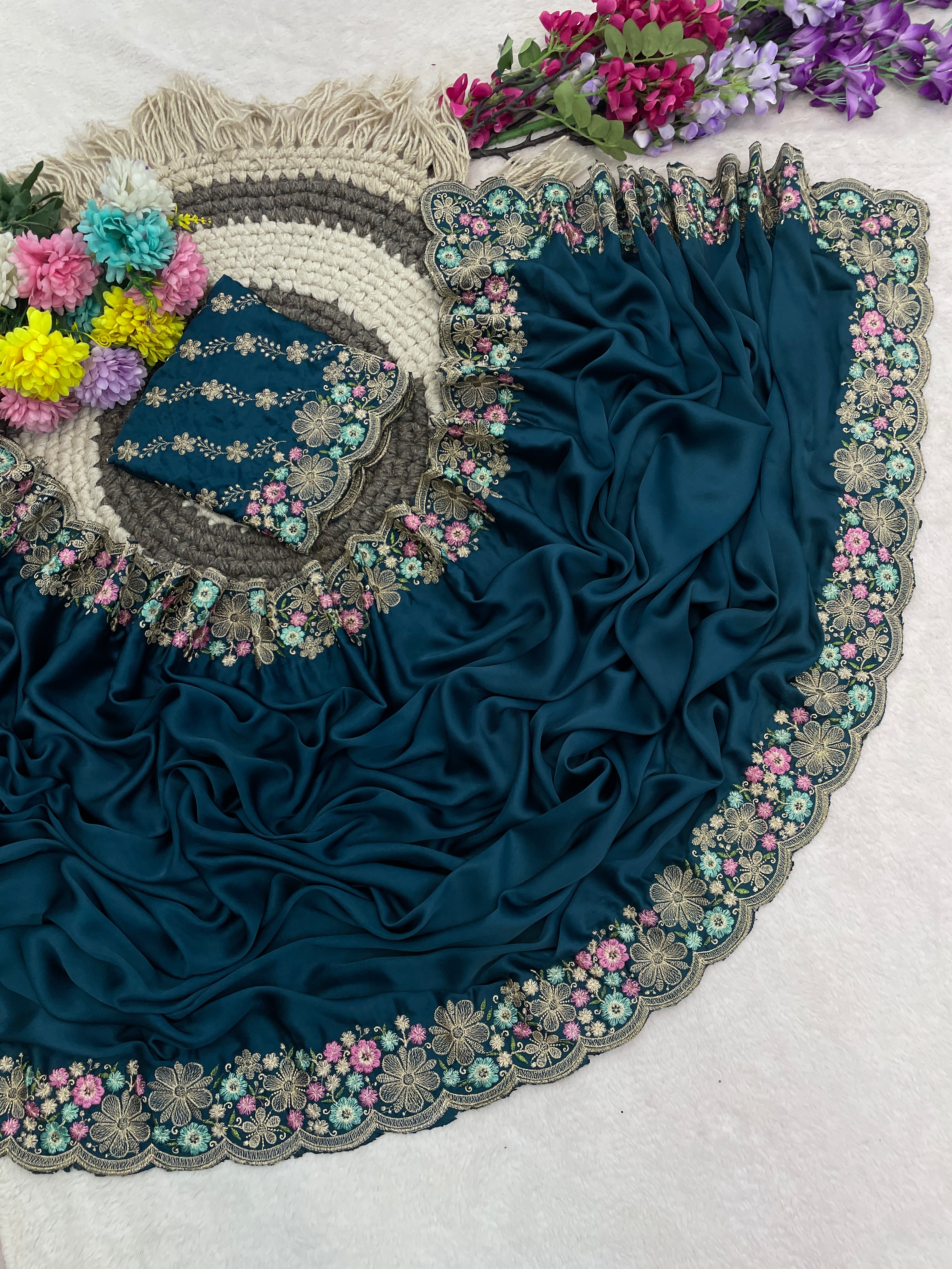 MANASVI Satin Embellished Embroidered Saree - Dark Mor Peach