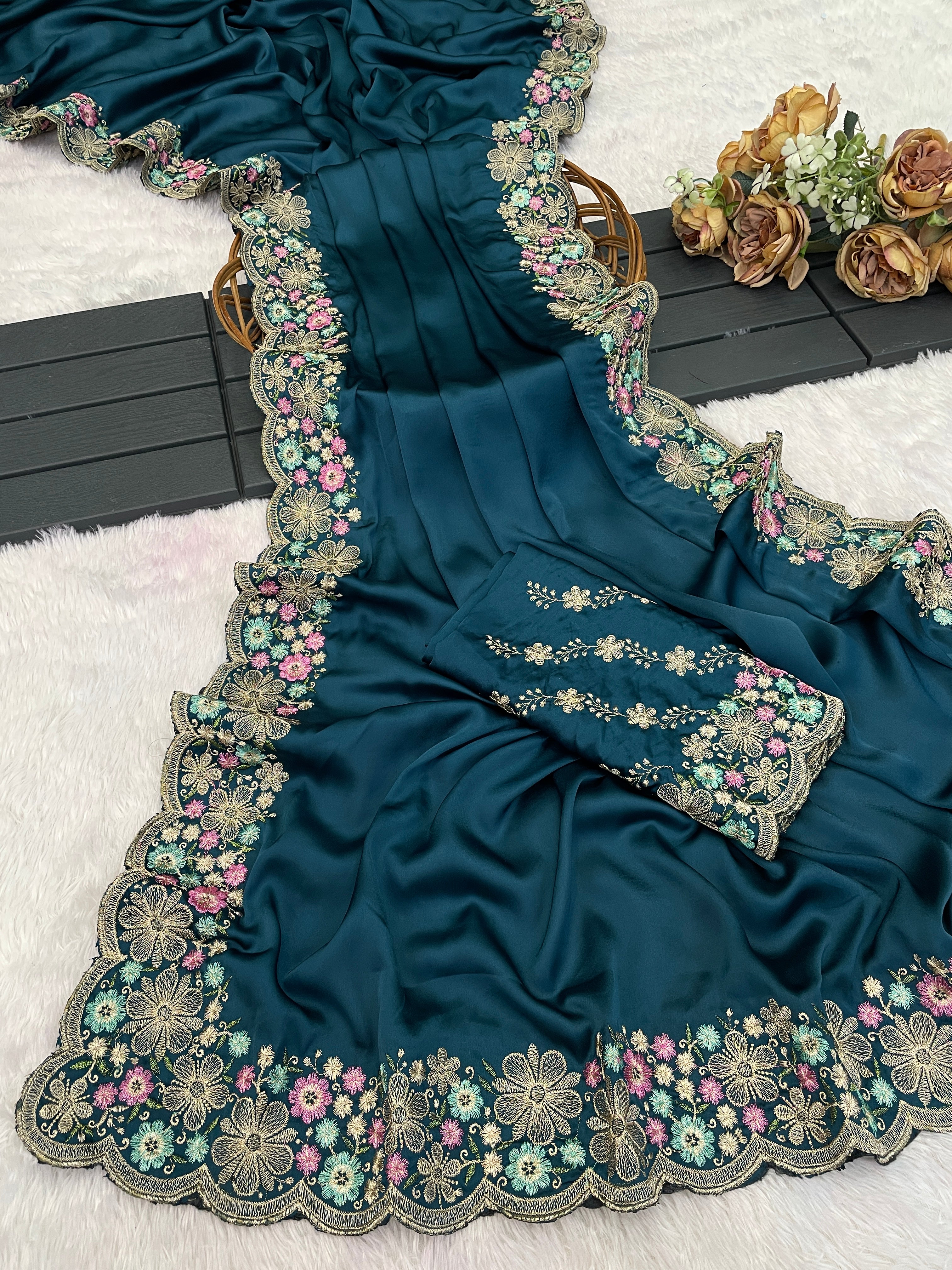 MANASVI Satin Embellished Embroidered Saree - Dark Mor Peach