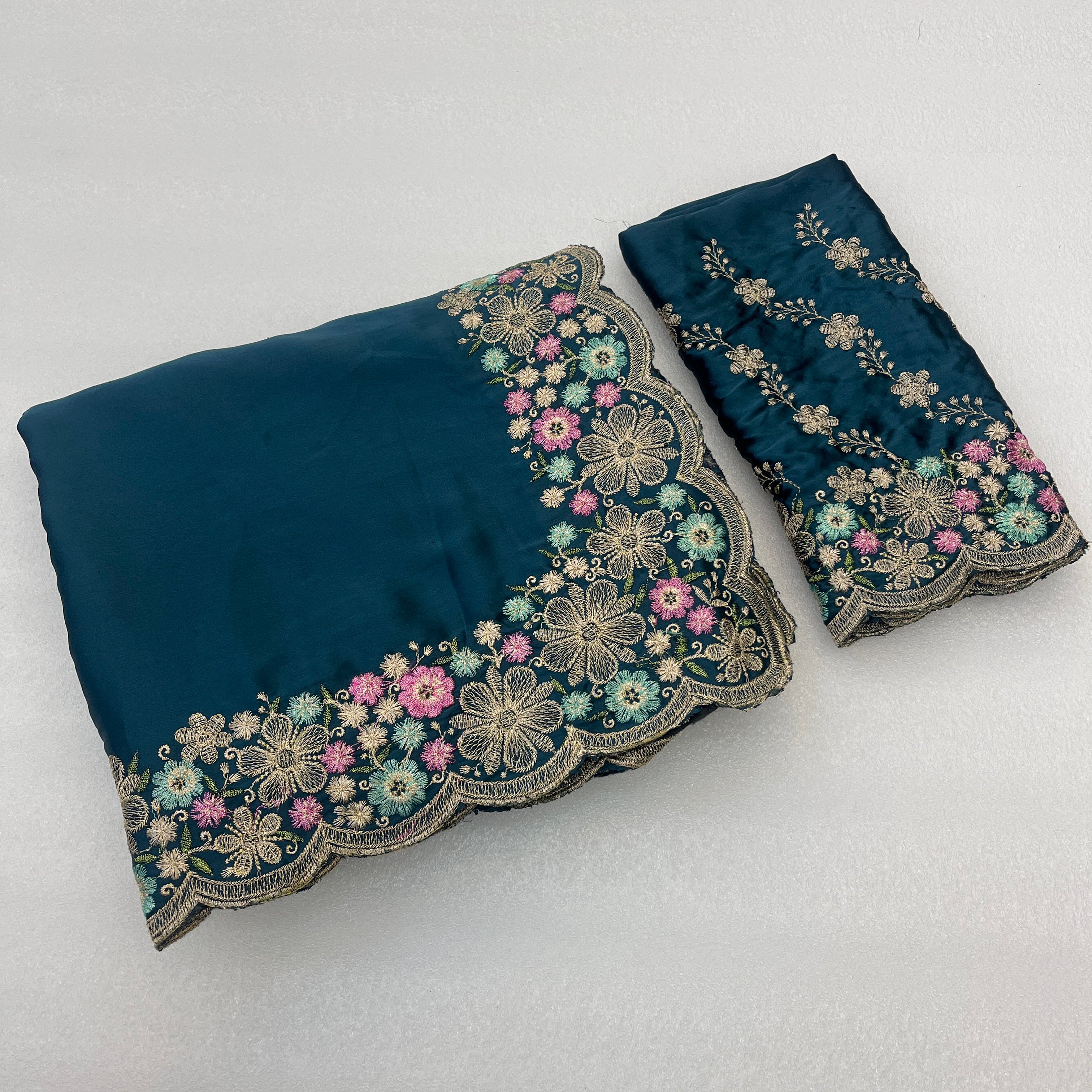 MANASVI Satin Embellished Embroidered Saree - Dark Mor Peach