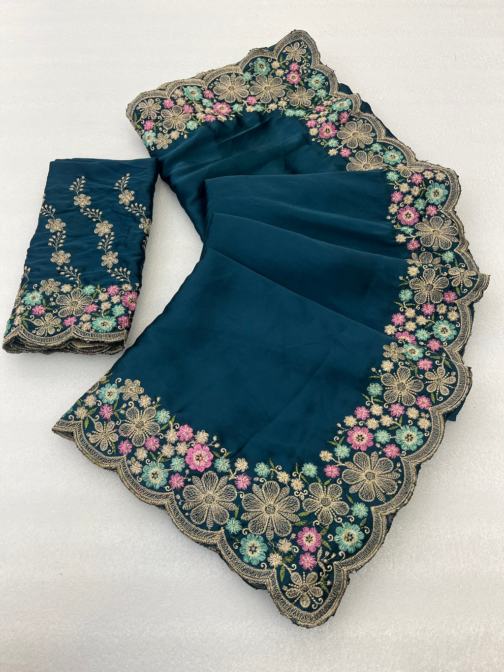MANASVI Satin Embellished Embroidered Saree - Dark Mor Peach