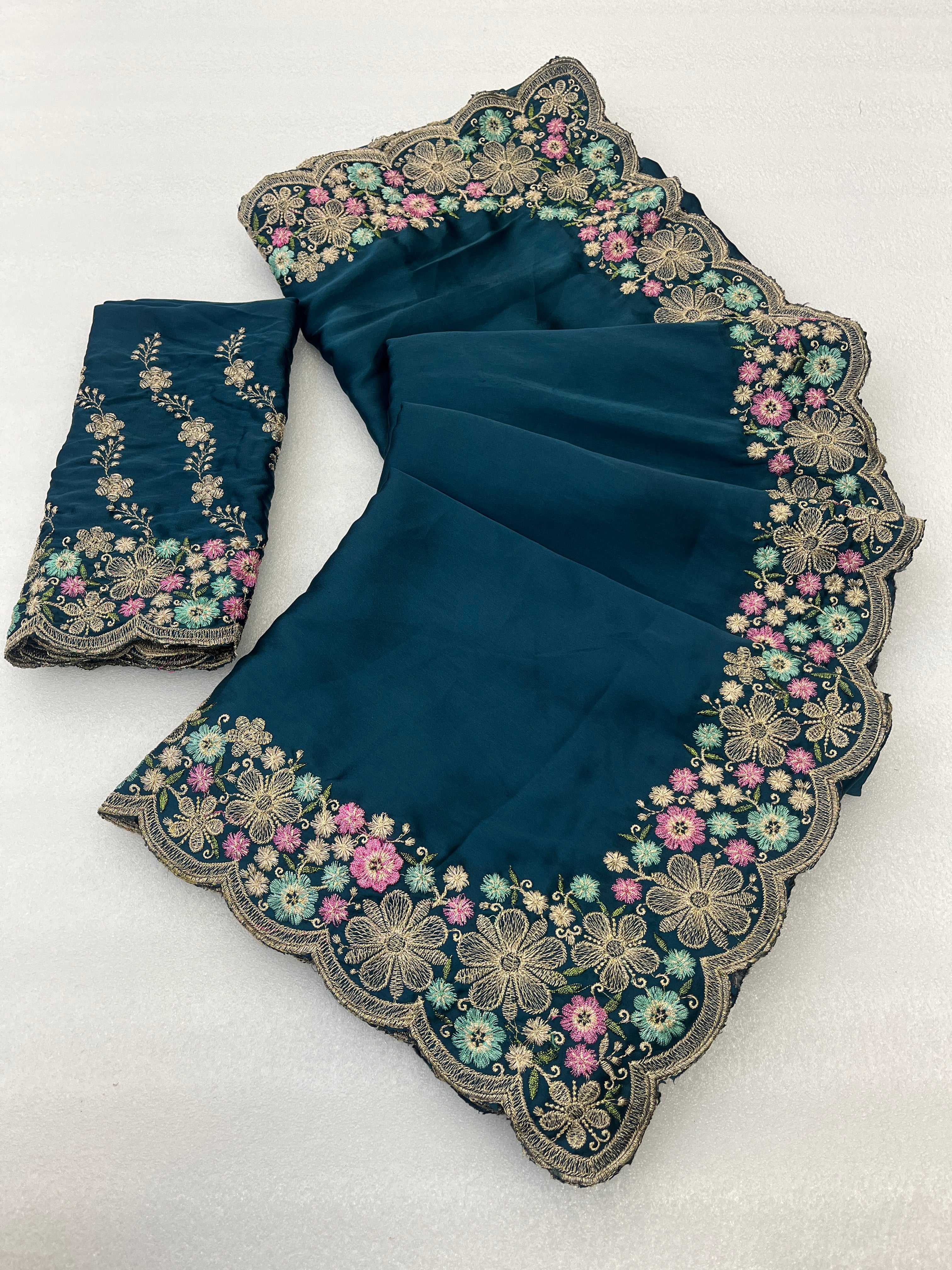 MANASVI Satin Embellished Embroidered Saree - Dark Mor Peach