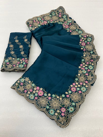 MANASVI Satin Embellished Embroidered Saree - Dark Mor Peach