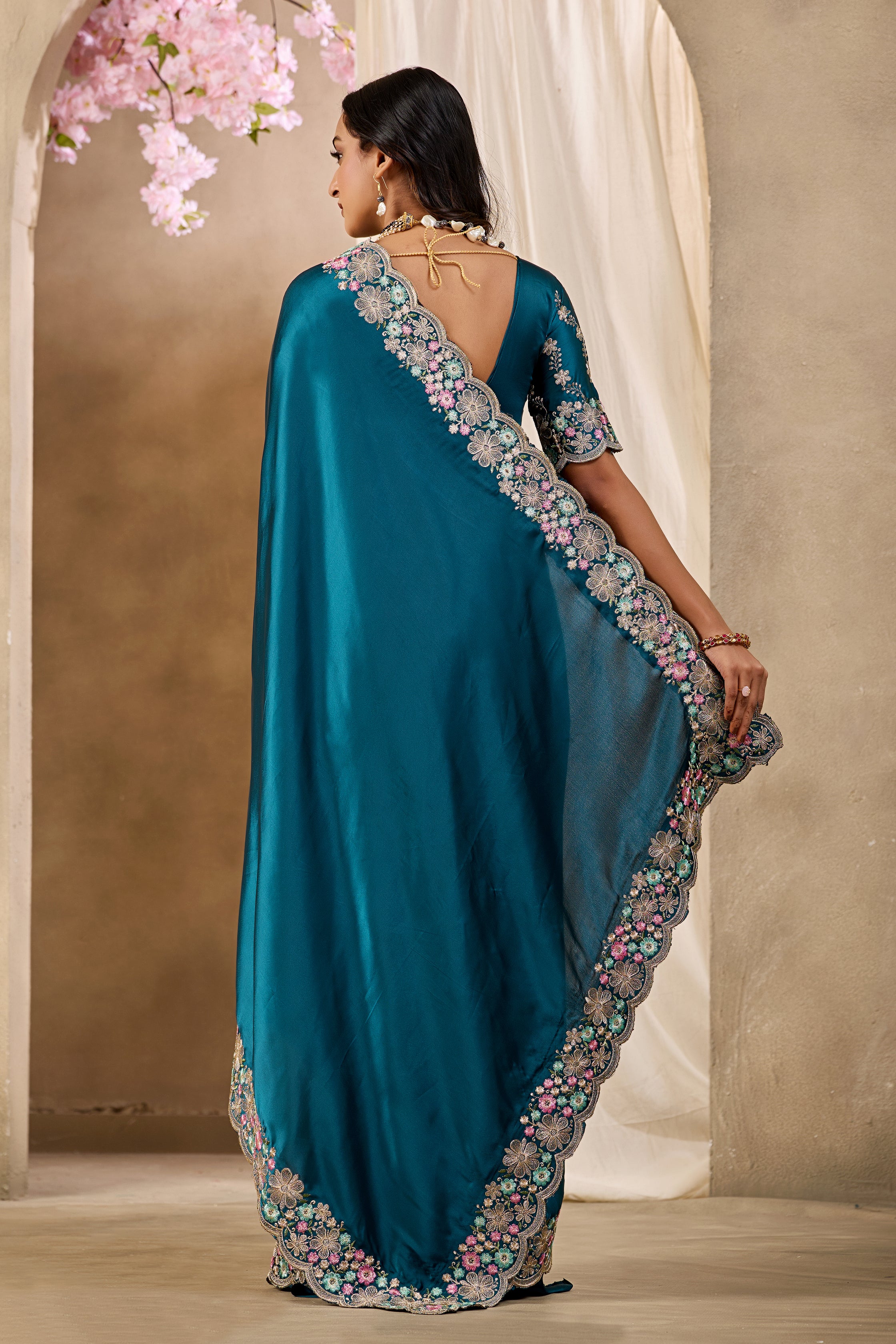MANASVI Satin Embellished Embroidered Saree - Dark Mor Peach