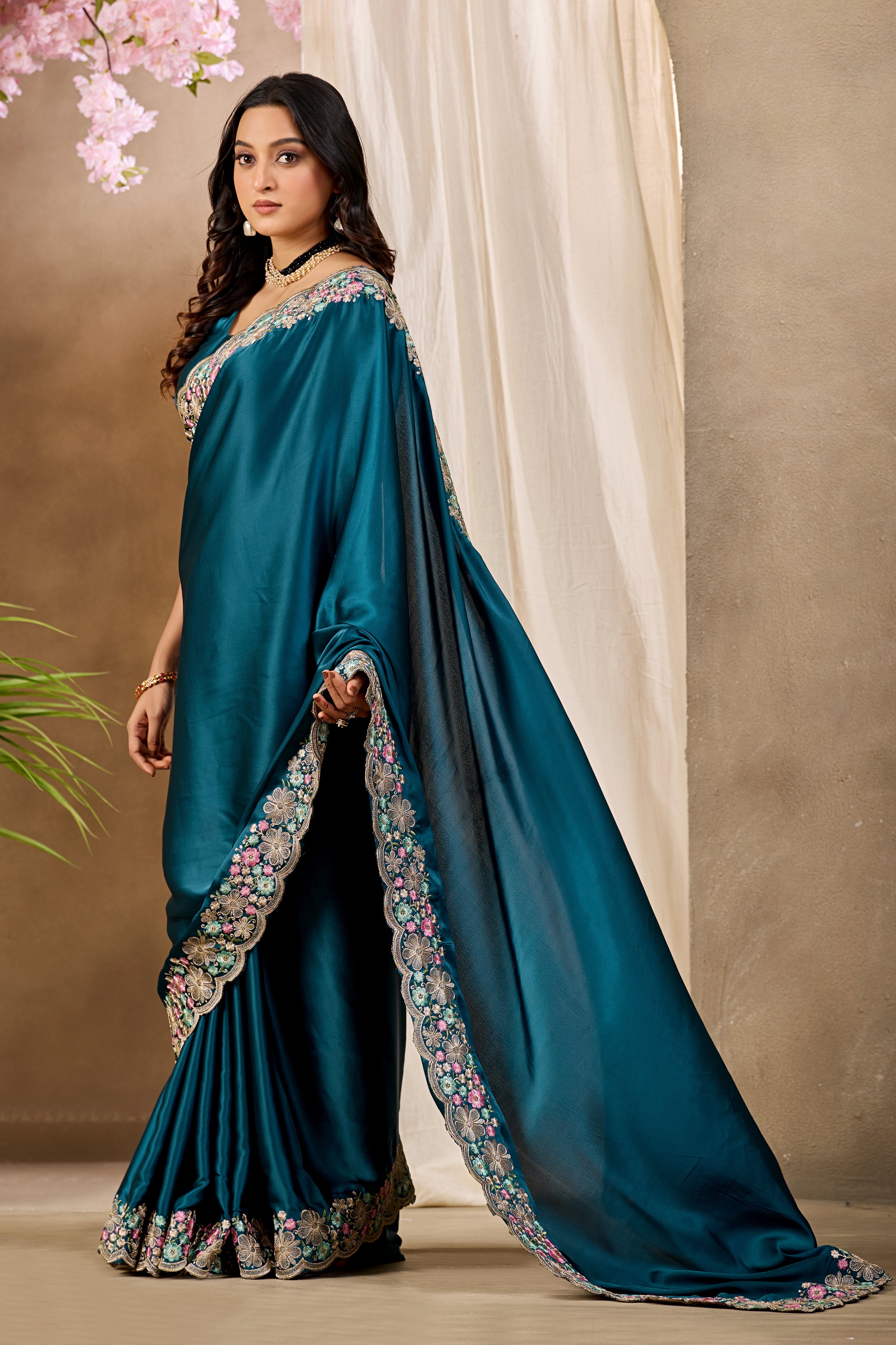 MANASVI Satin Embellished Embroidered Saree - Dark Mor Peach