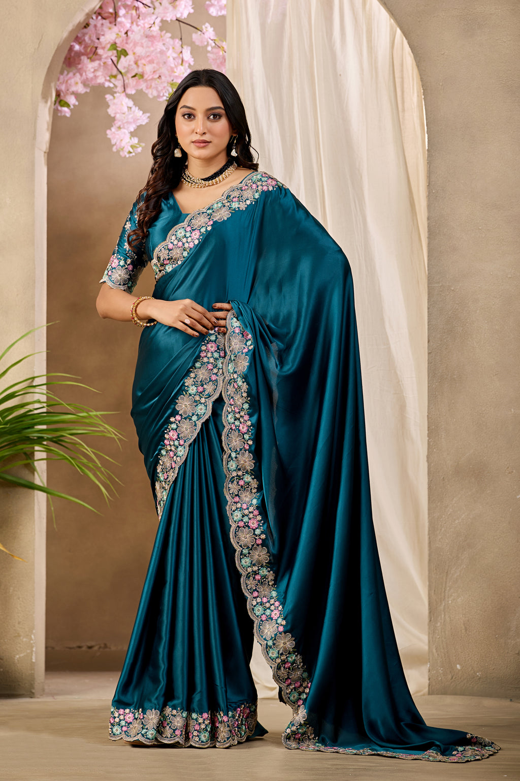 MANASVI Satin Embellished Embroidered Saree - Dark Mor Peach
