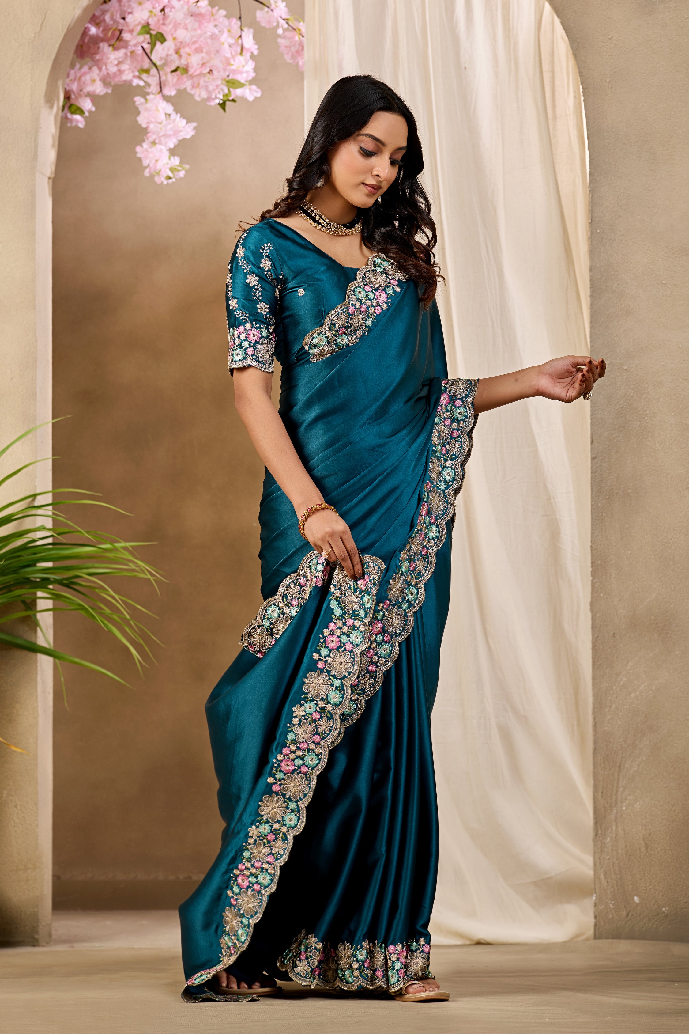 MANASVI Satin Embellished Embroidered Saree - Dark Mor Peach
