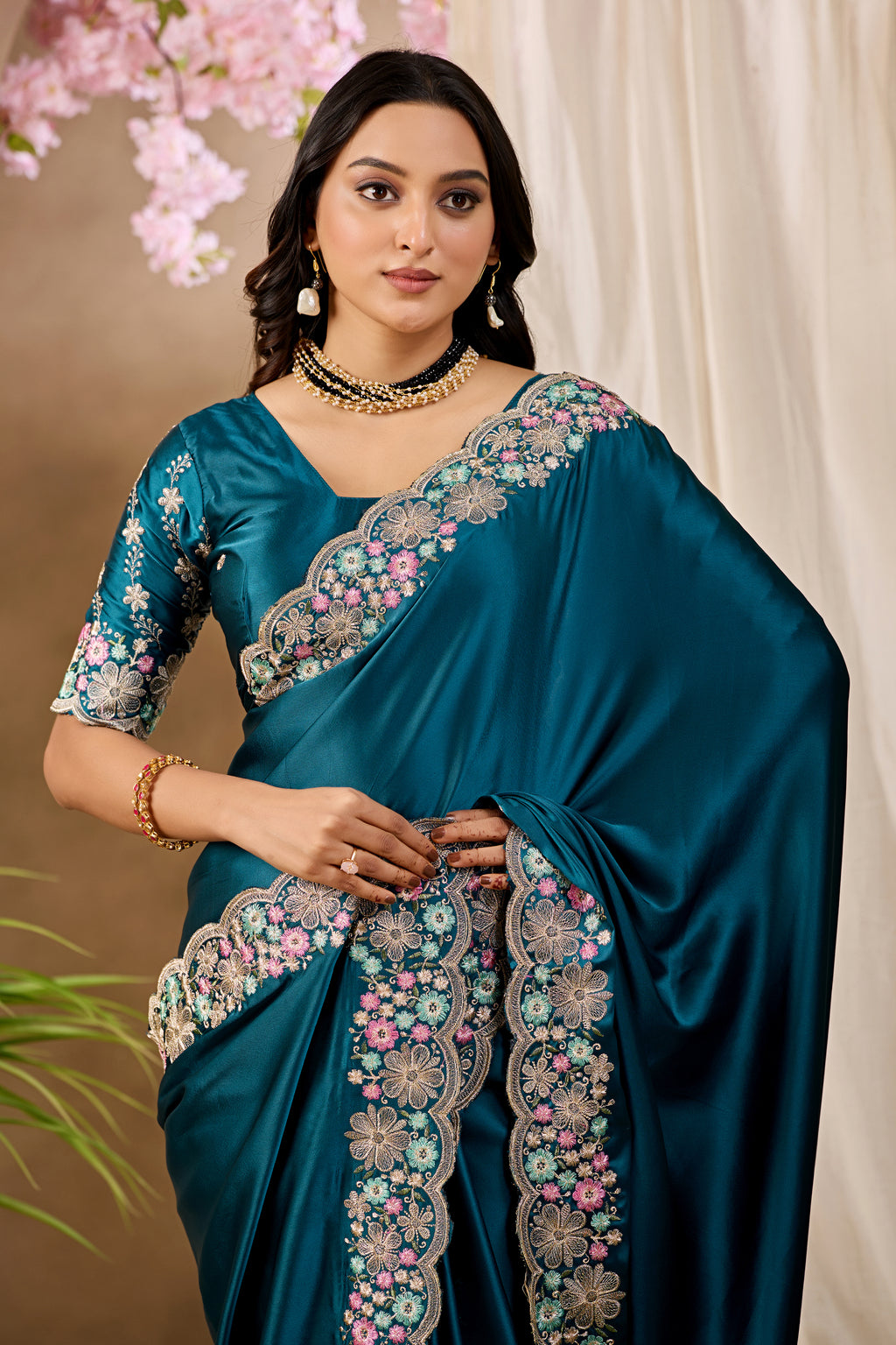 MANASVI Satin Embellished Embroidered Saree - Dark Mor Peach