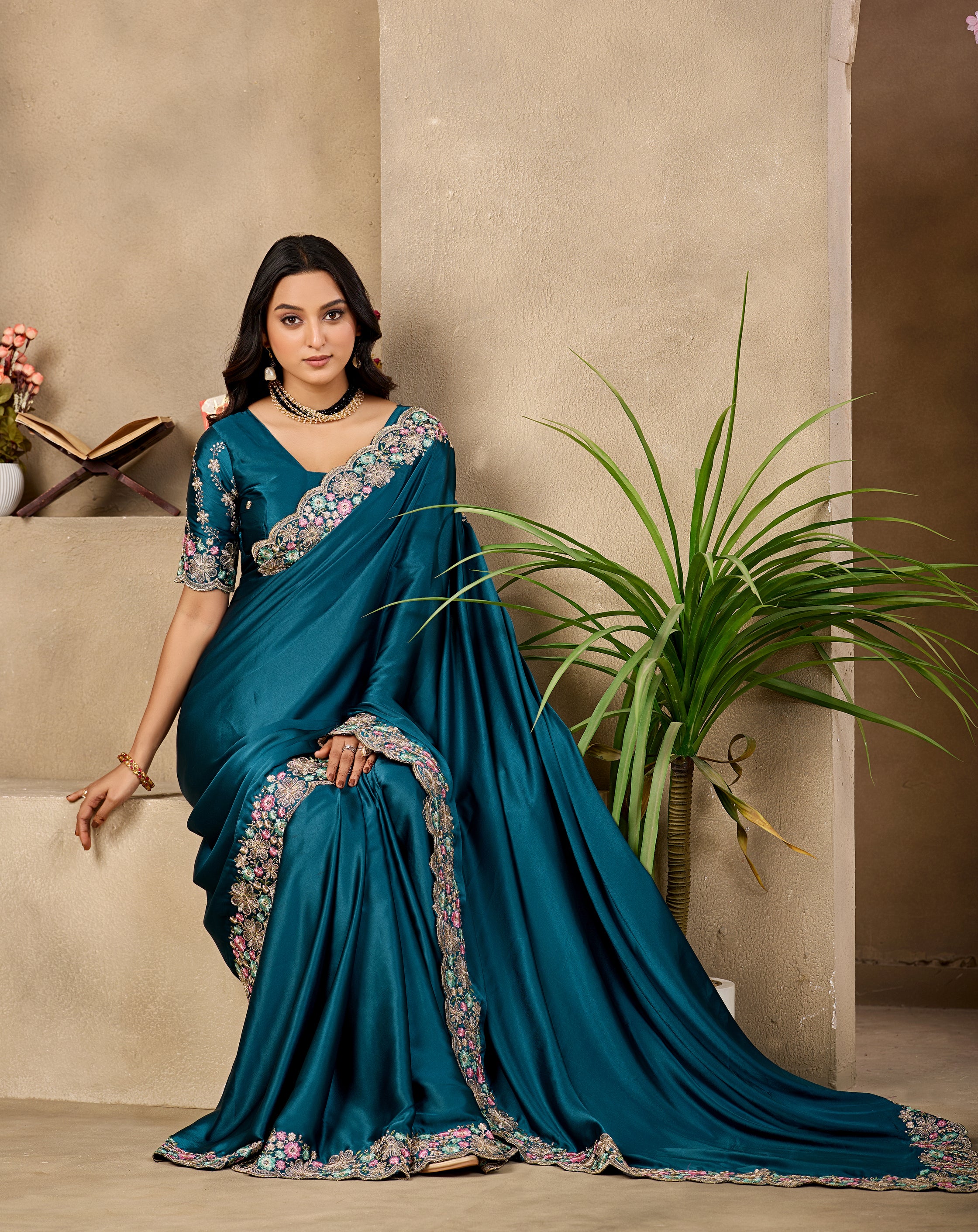 MANASVI Satin Embellished Embroidered Saree - Dark Mor Peach