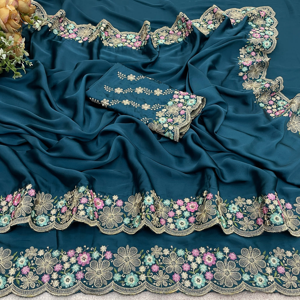 MANASVI Satin Embellished Embroidered Saree - Dark Mor Peach