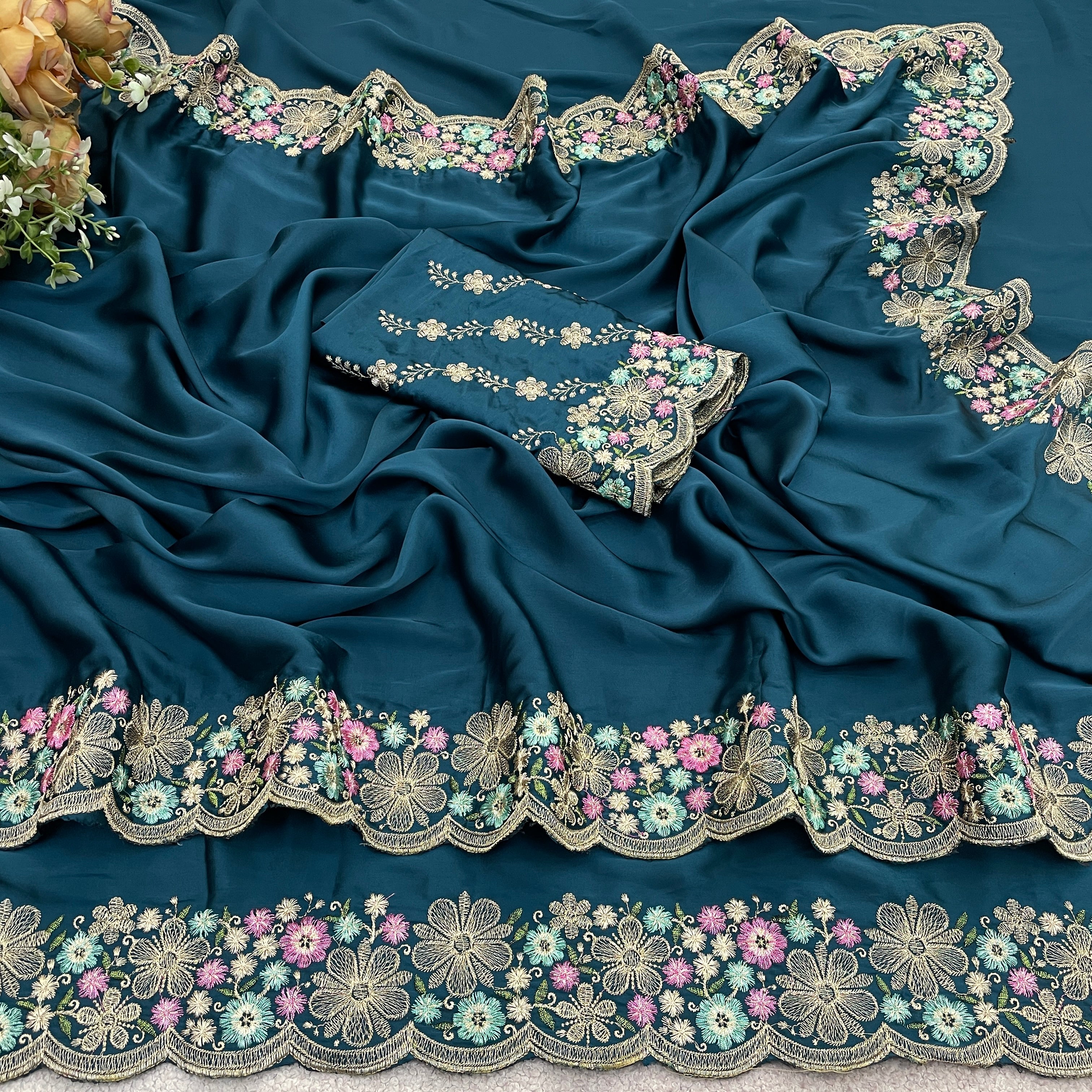 MANASVI Satin Embellished Embroidered Saree - Dark Mor Peach