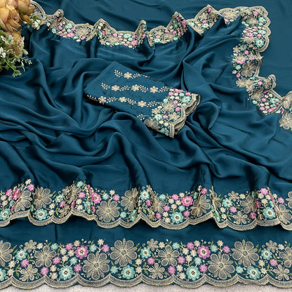 MANASVI Satin Embellished Embroidered Saree - Dark Mor Peach