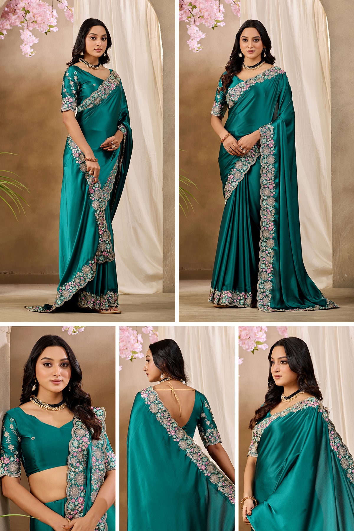 MANASVI Satin Embellished Embroidered Saree - Dark Rama