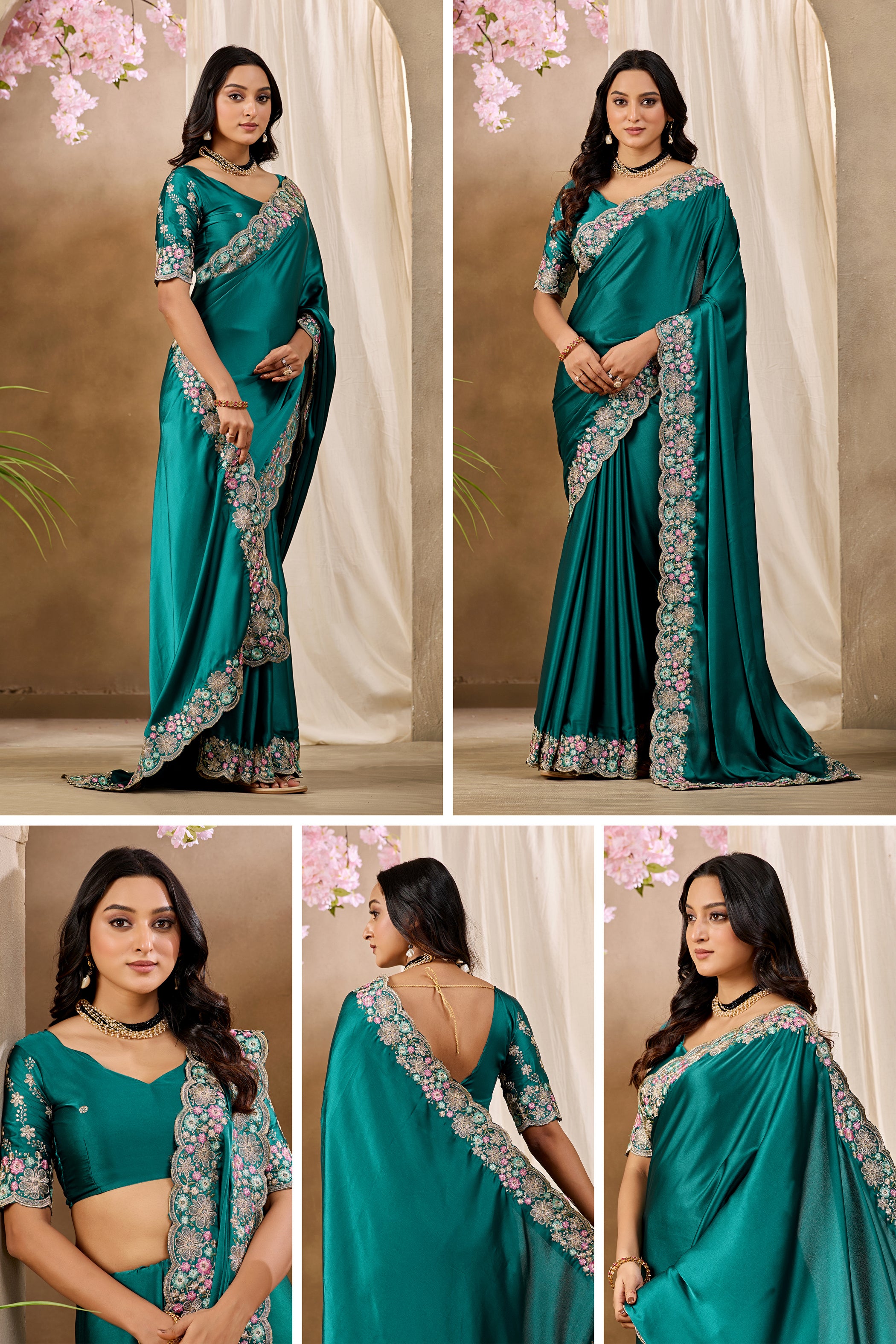 MANASVI Satin Embellished Embroidered Saree - Dark Rama
