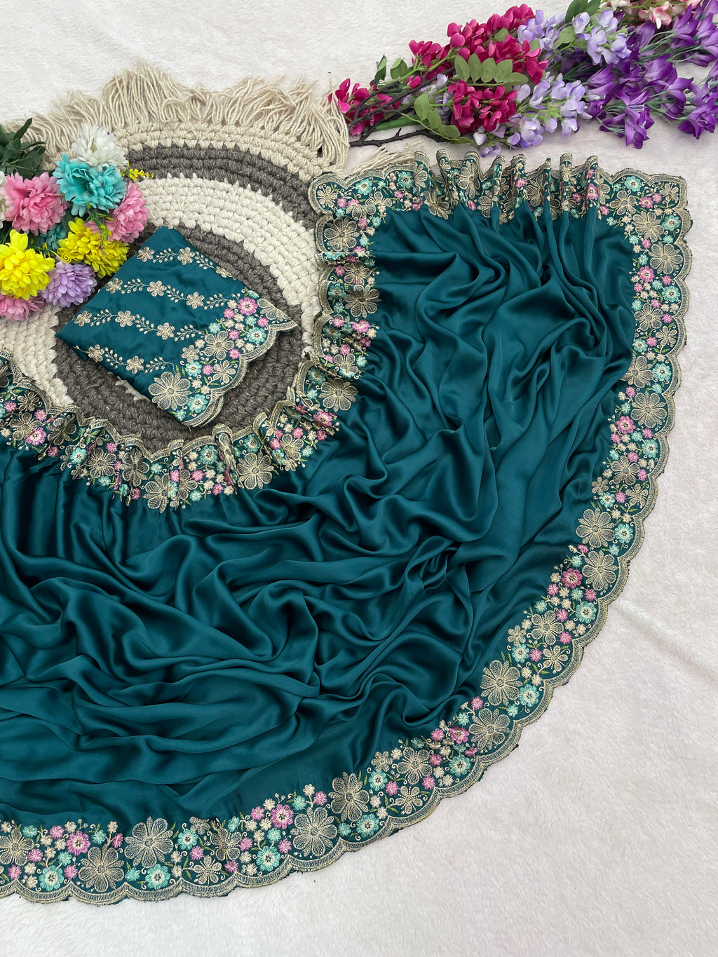 MANASVI Satin Embellished Embroidered Saree - Dark Rama