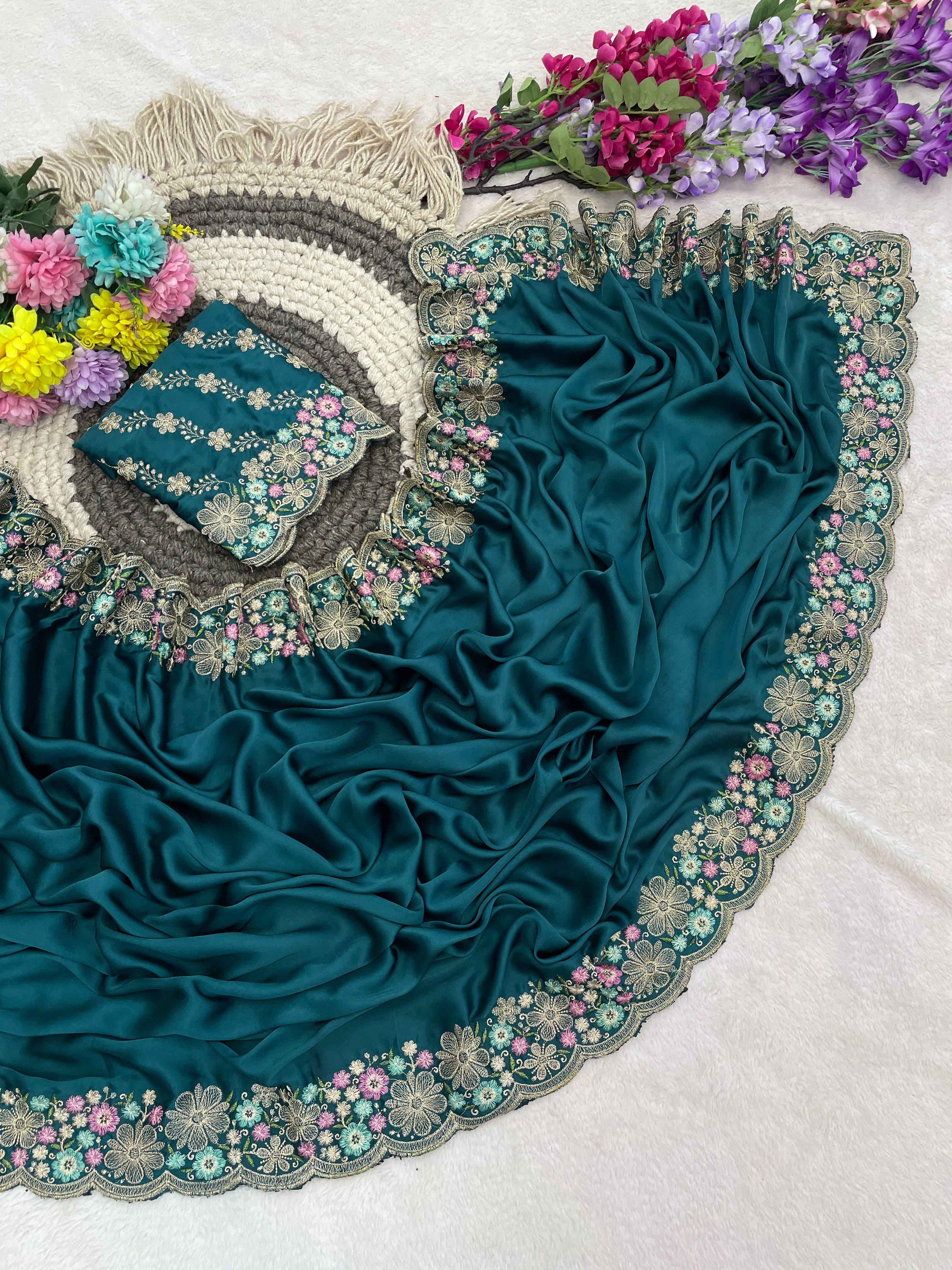 MANASVI Satin Embellished Embroidered Saree - Dark Rama
