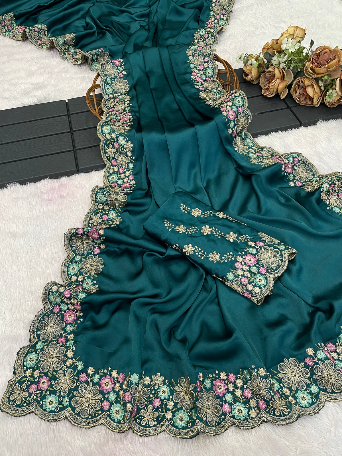 MANASVI Satin Embellished Embroidered Saree - Dark Rama