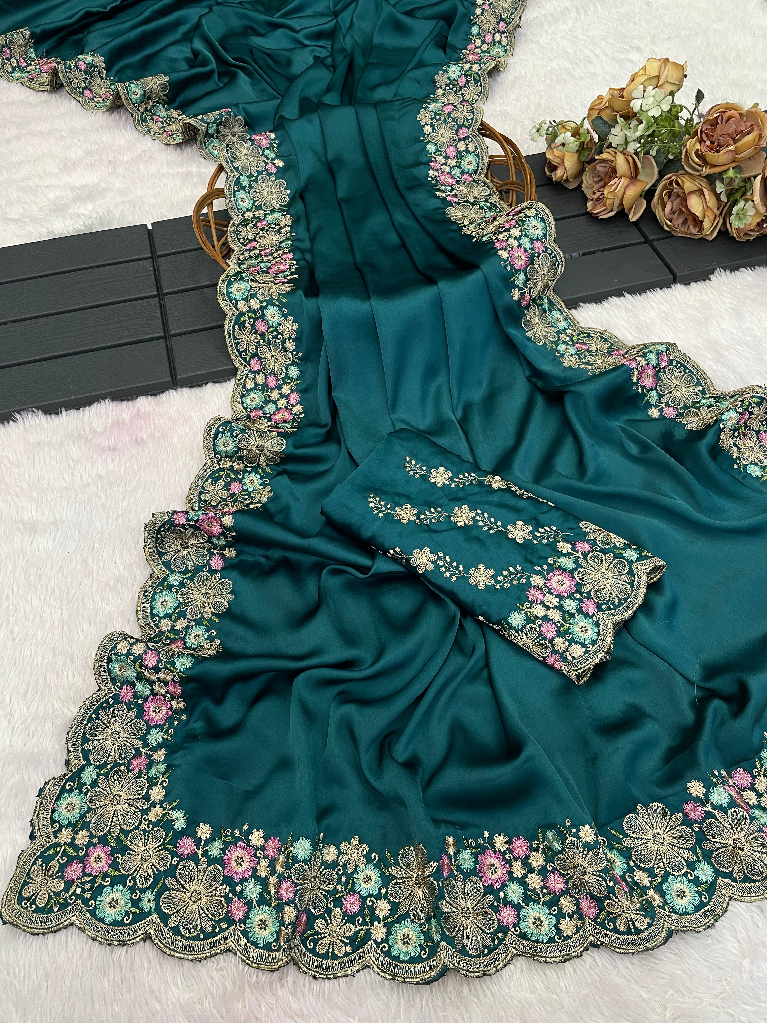 MANASVI Satin Embellished Embroidered Saree - Dark Rama
