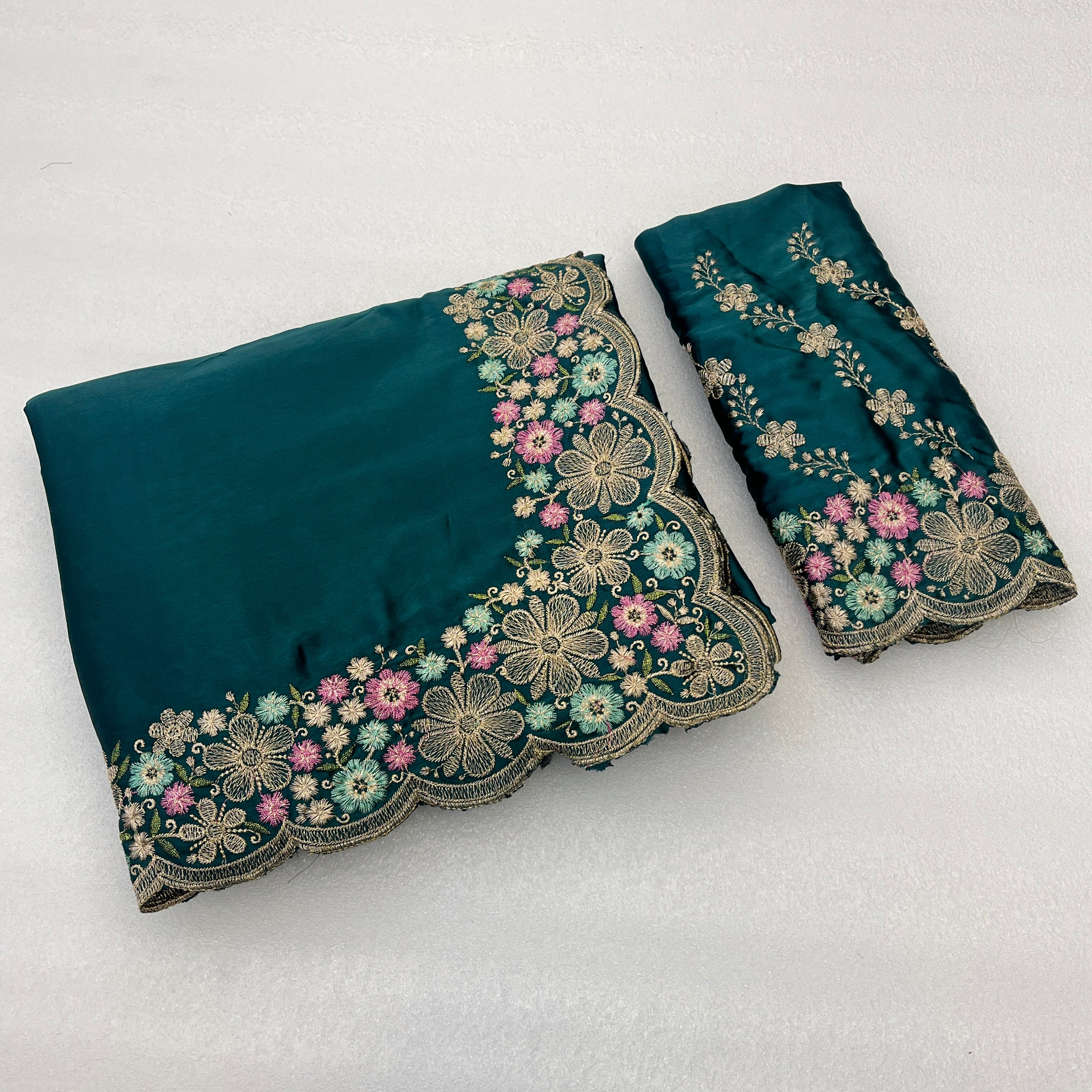 MANASVI Satin Embellished Embroidered Saree - Dark Rama