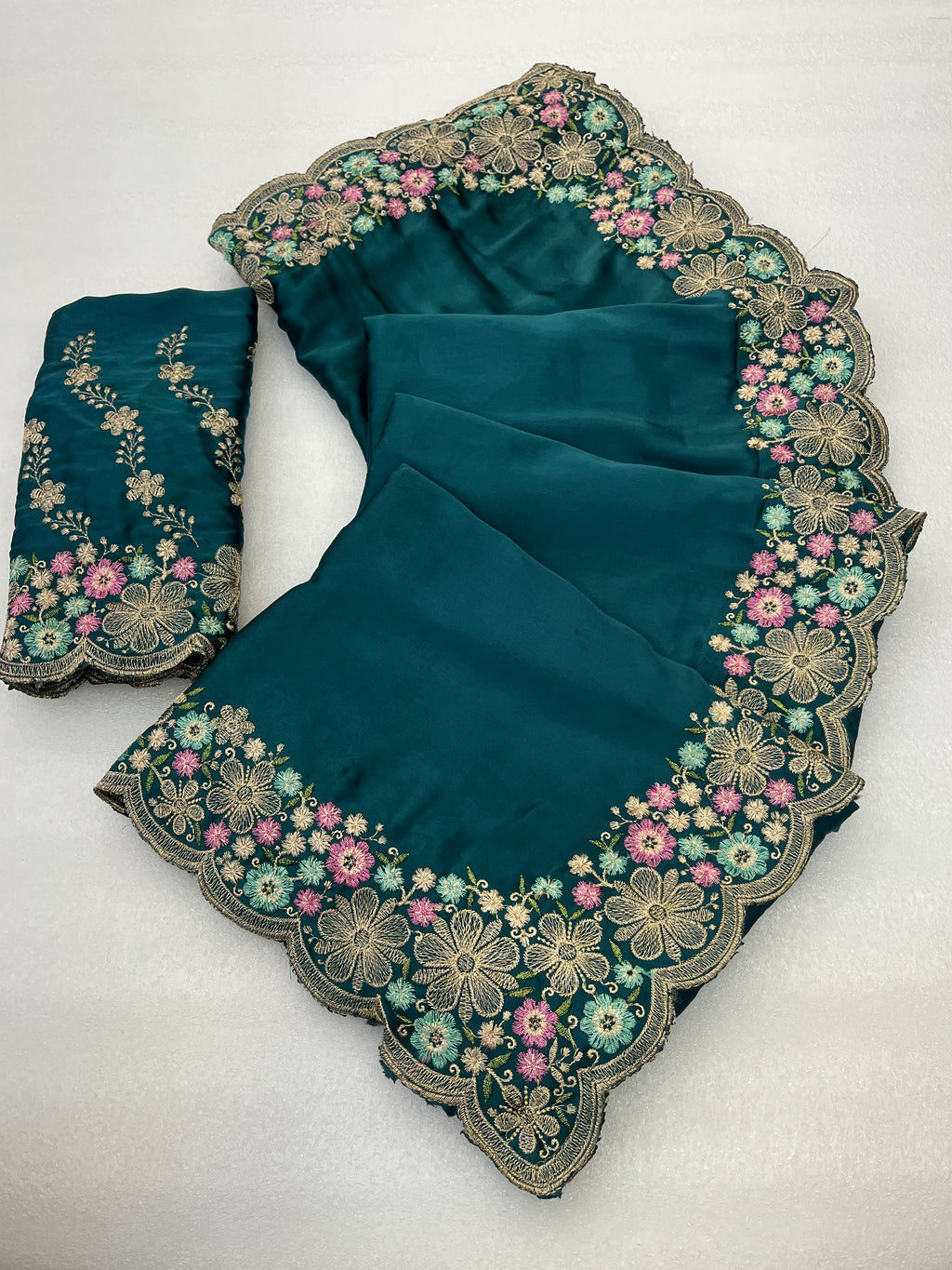 MANASVI Satin Embellished Embroidered Saree - Dark Rama