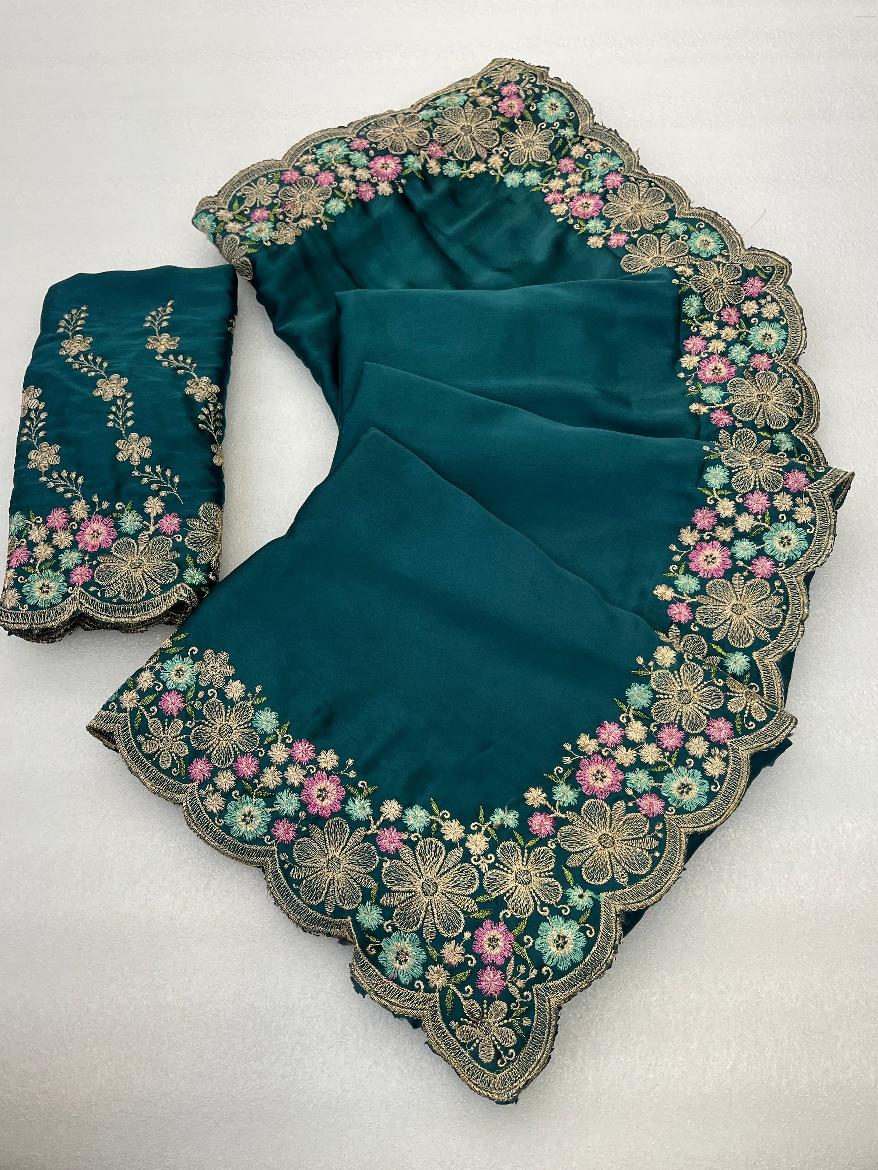 MANASVI Satin Embellished Embroidered Saree - Dark Rama