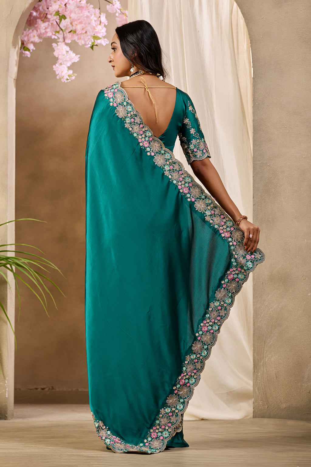 MANASVI Satin Embellished Embroidered Saree - Dark Rama