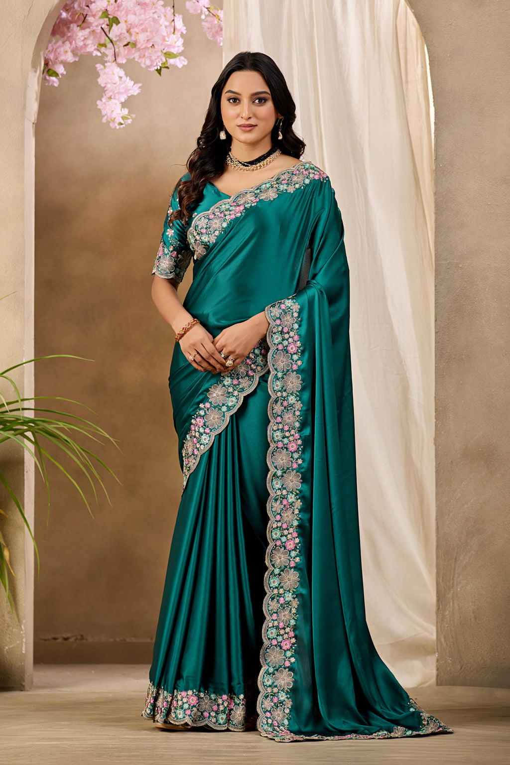 MANASVI Satin Embellished Embroidered Saree - Dark Rama