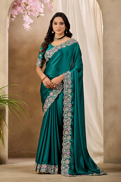 MANASVI Satin Embellished Embroidered Saree - Dark Rama