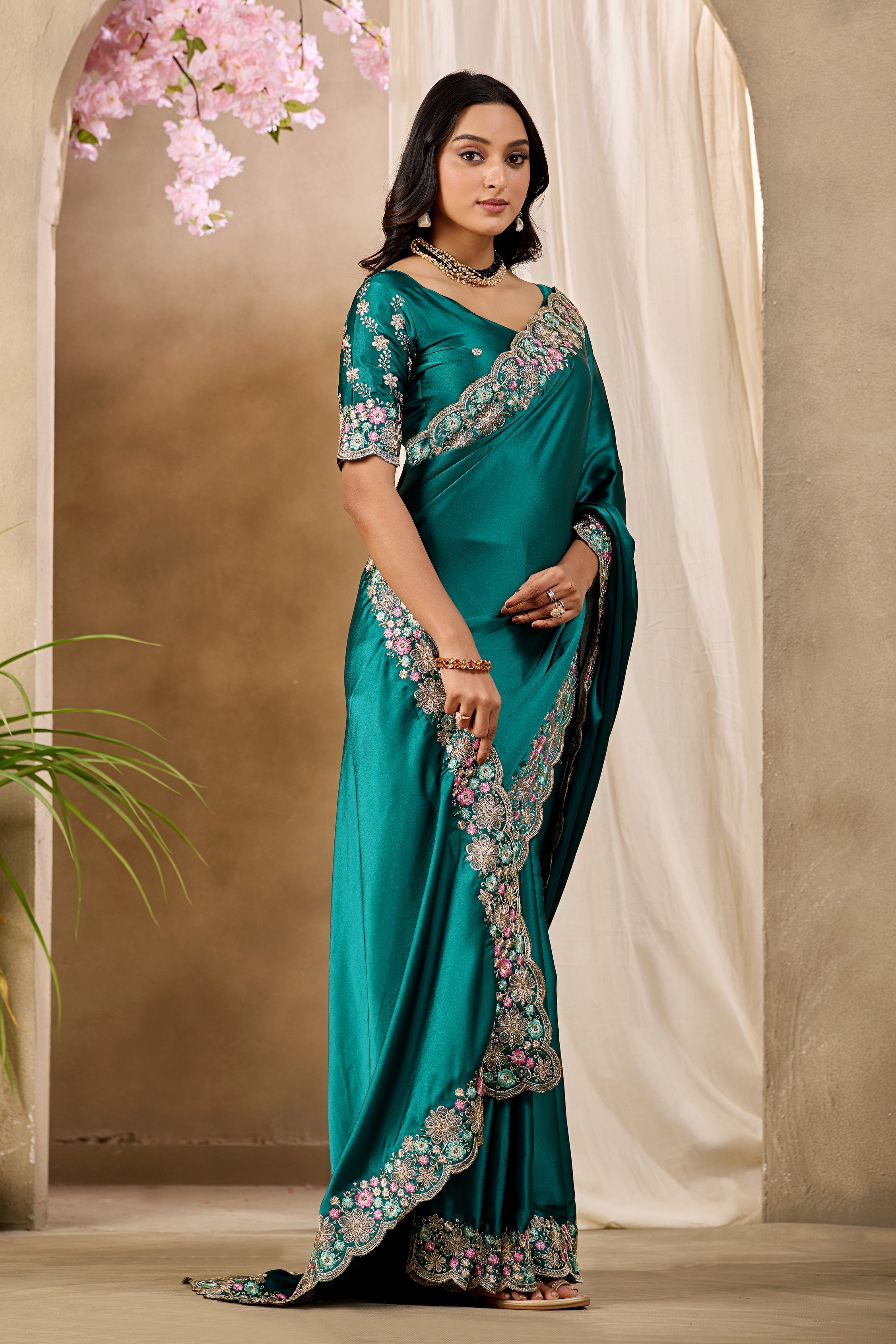 MANASVI Satin Embellished Embroidered Saree - Dark Rama