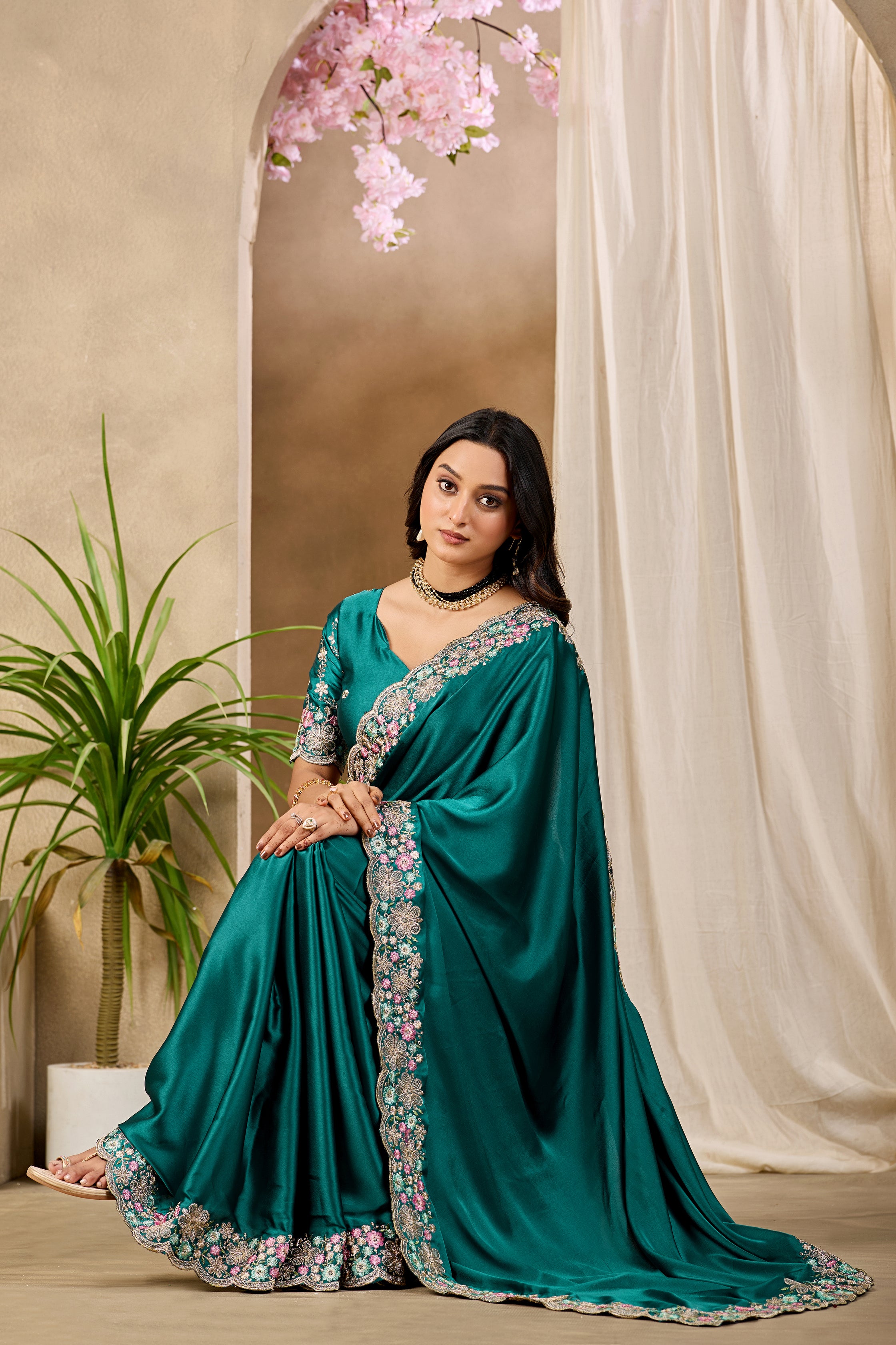 MANASVI Satin Embellished Embroidered Saree - Dark Rama