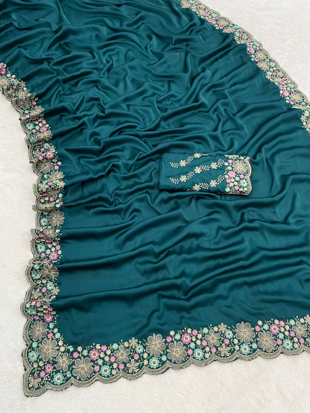 MANASVI Satin Embellished Embroidered Saree - Dark Rama