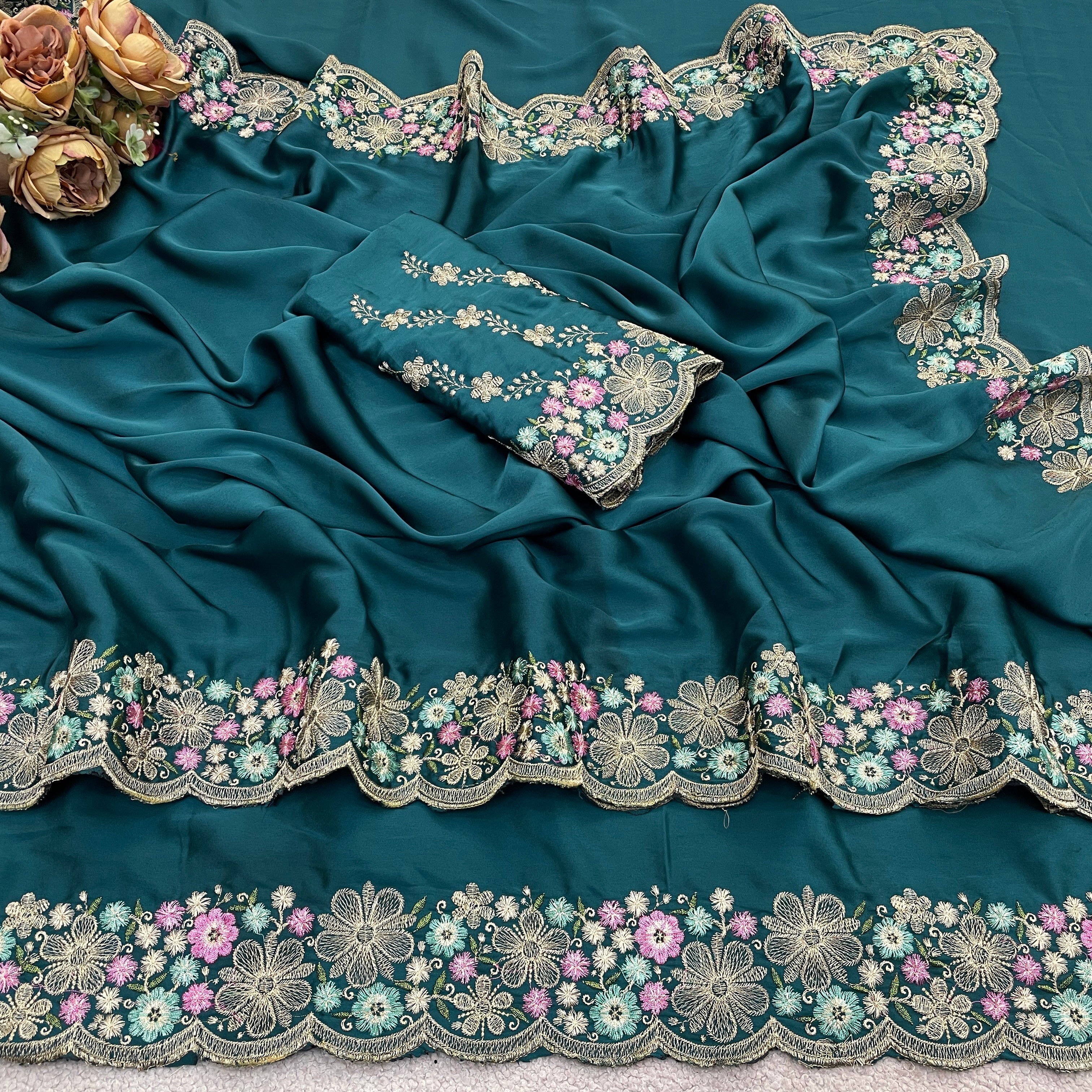 MANASVI Satin Embellished Embroidered Saree - Dark Rama