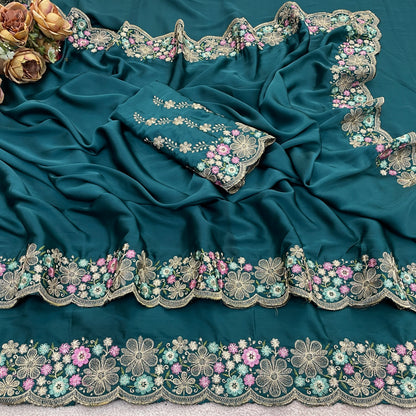 MANASVI Satin Embellished Embroidered Saree - Dark Rama