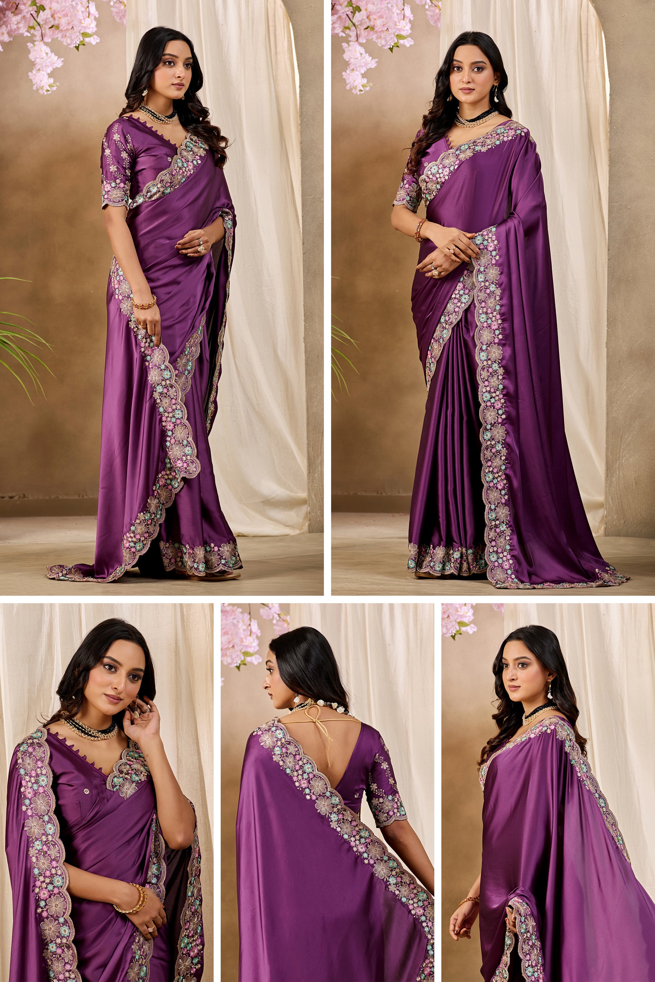 MANASVI Satin Embellished Embroidered Saree - Dark Wine