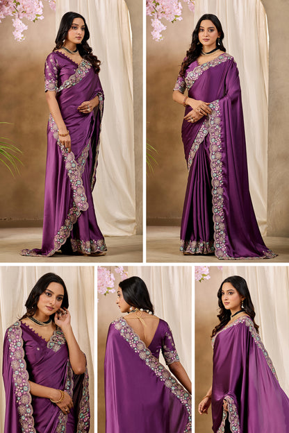 MANASVI Satin Embellished Embroidered Saree - Dark Wine
