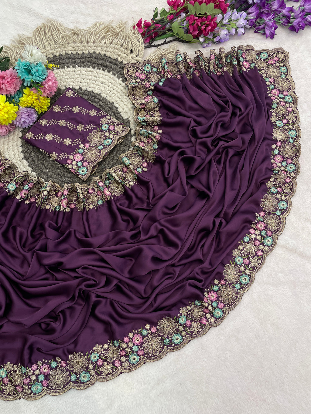 MANASVI Satin Embellished Embroidered Saree - Dark Wine