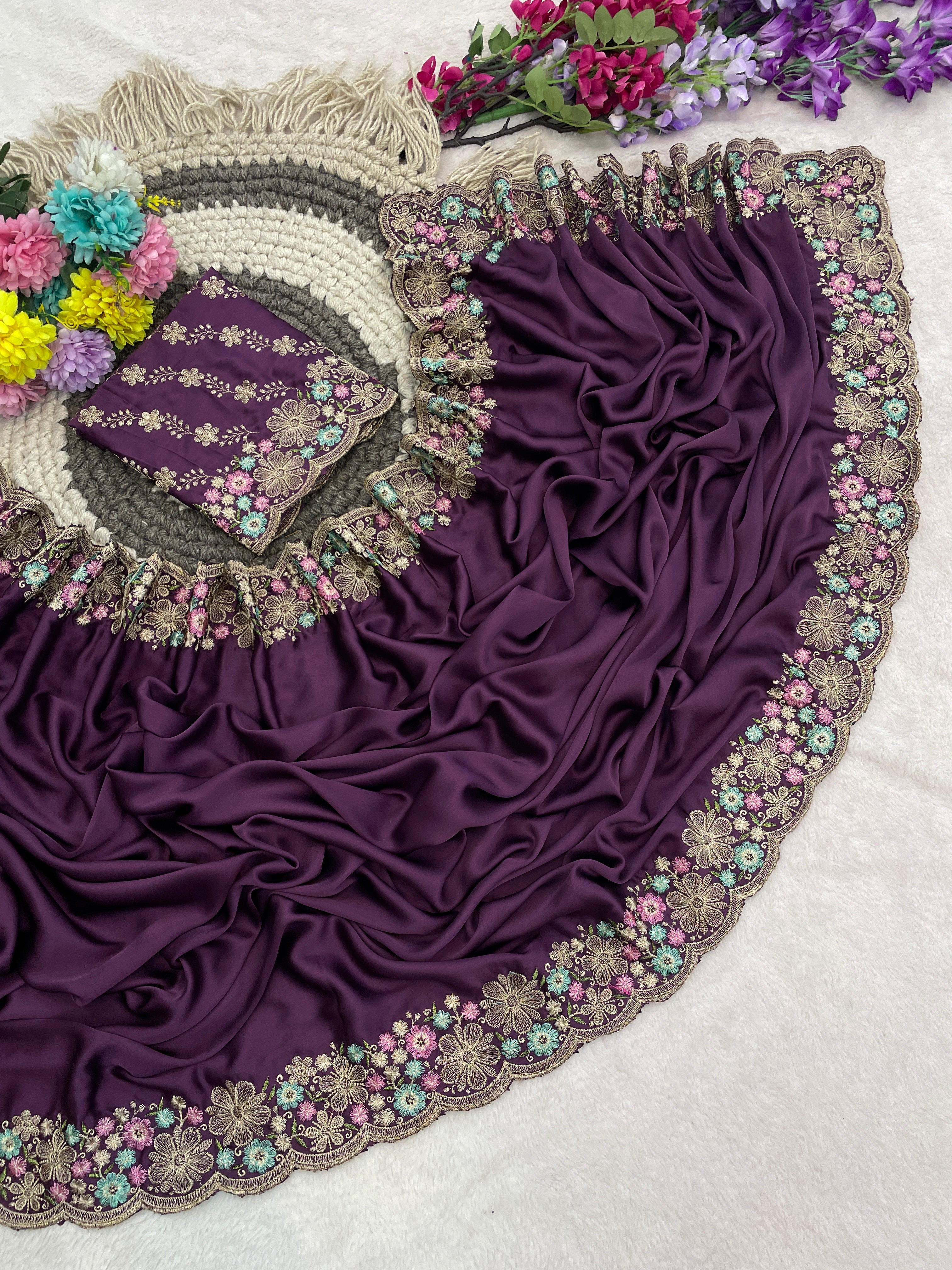 MANASVI Satin Embellished Embroidered Saree - Dark Wine