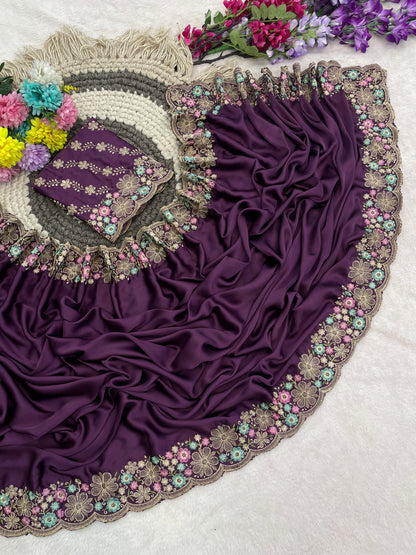 MANASVI Satin Embellished Embroidered Saree - Dark Wine