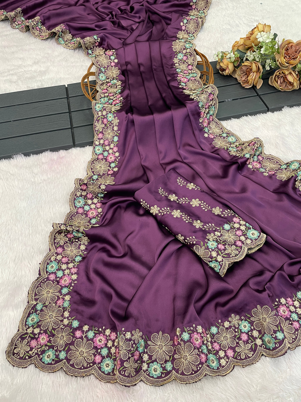 MANASVI Satin Embellished Embroidered Saree - Dark Wine