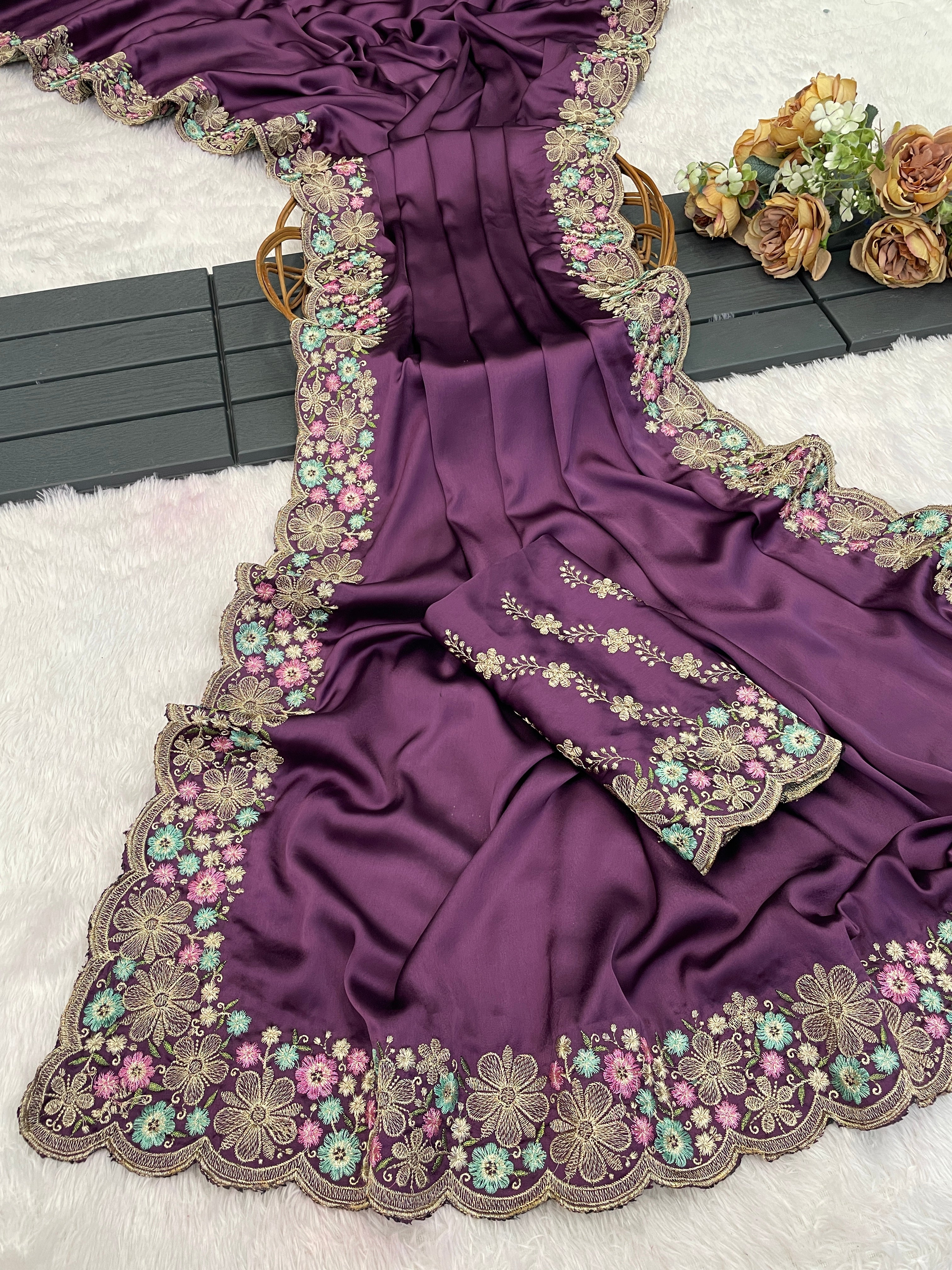 MANASVI Satin Embellished Embroidered Saree - Dark Wine