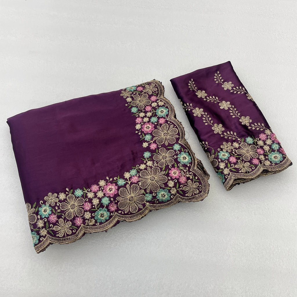 MANASVI Satin Embellished Embroidered Saree - Dark Wine