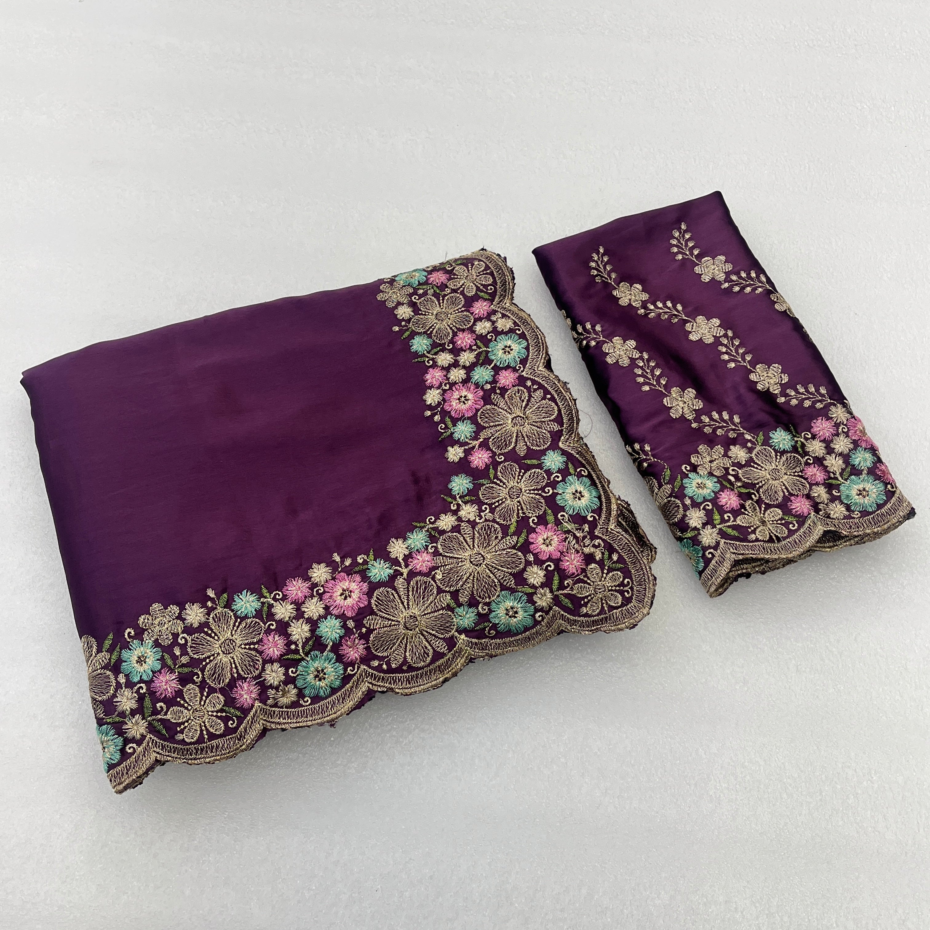 MANASVI Satin Embellished Embroidered Saree - Dark Wine