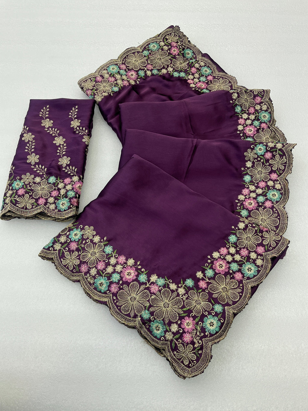 MANASVI Satin Embellished Embroidered Saree - Dark Wine