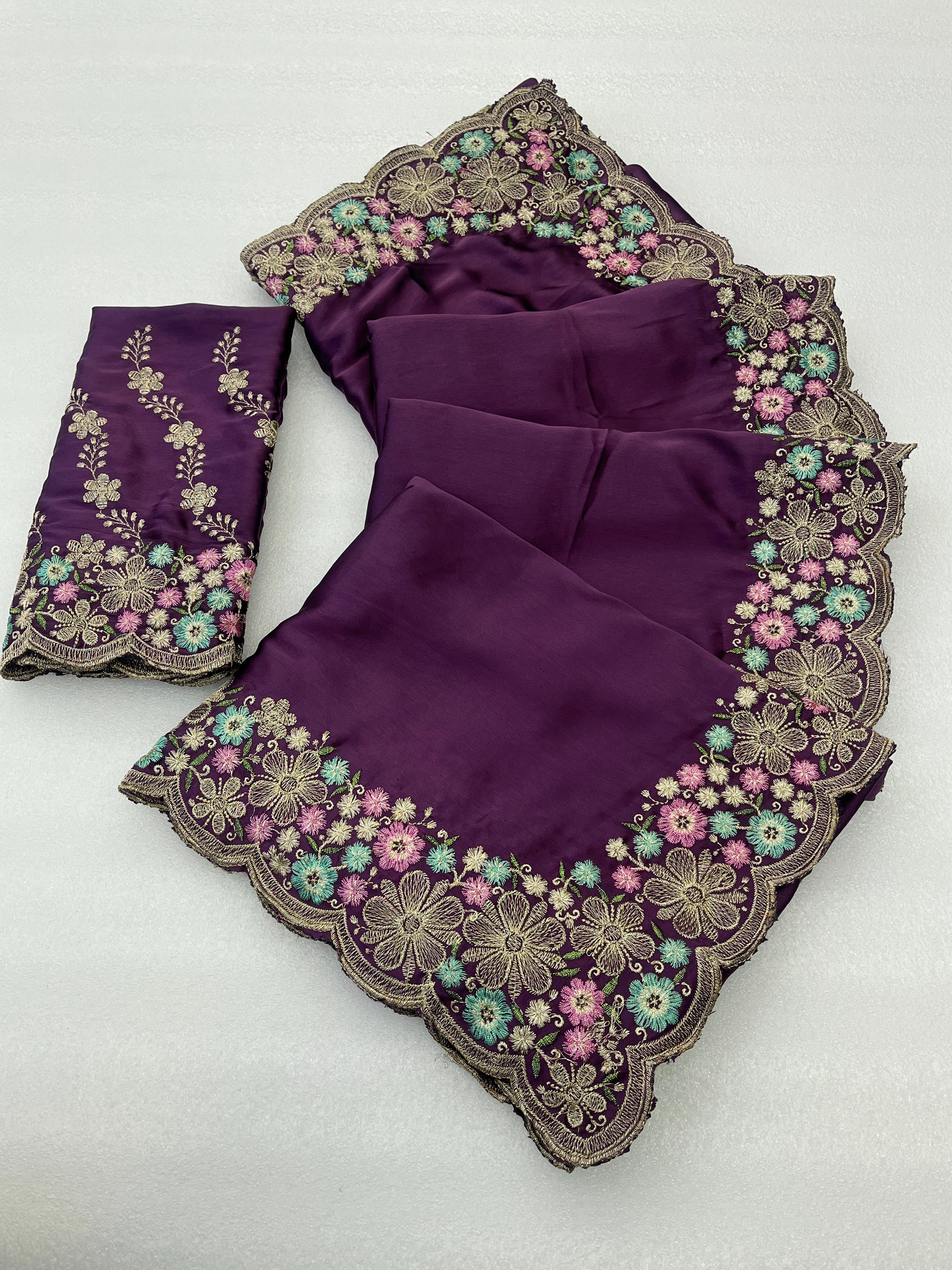MANASVI Satin Embellished Embroidered Saree - Dark Wine