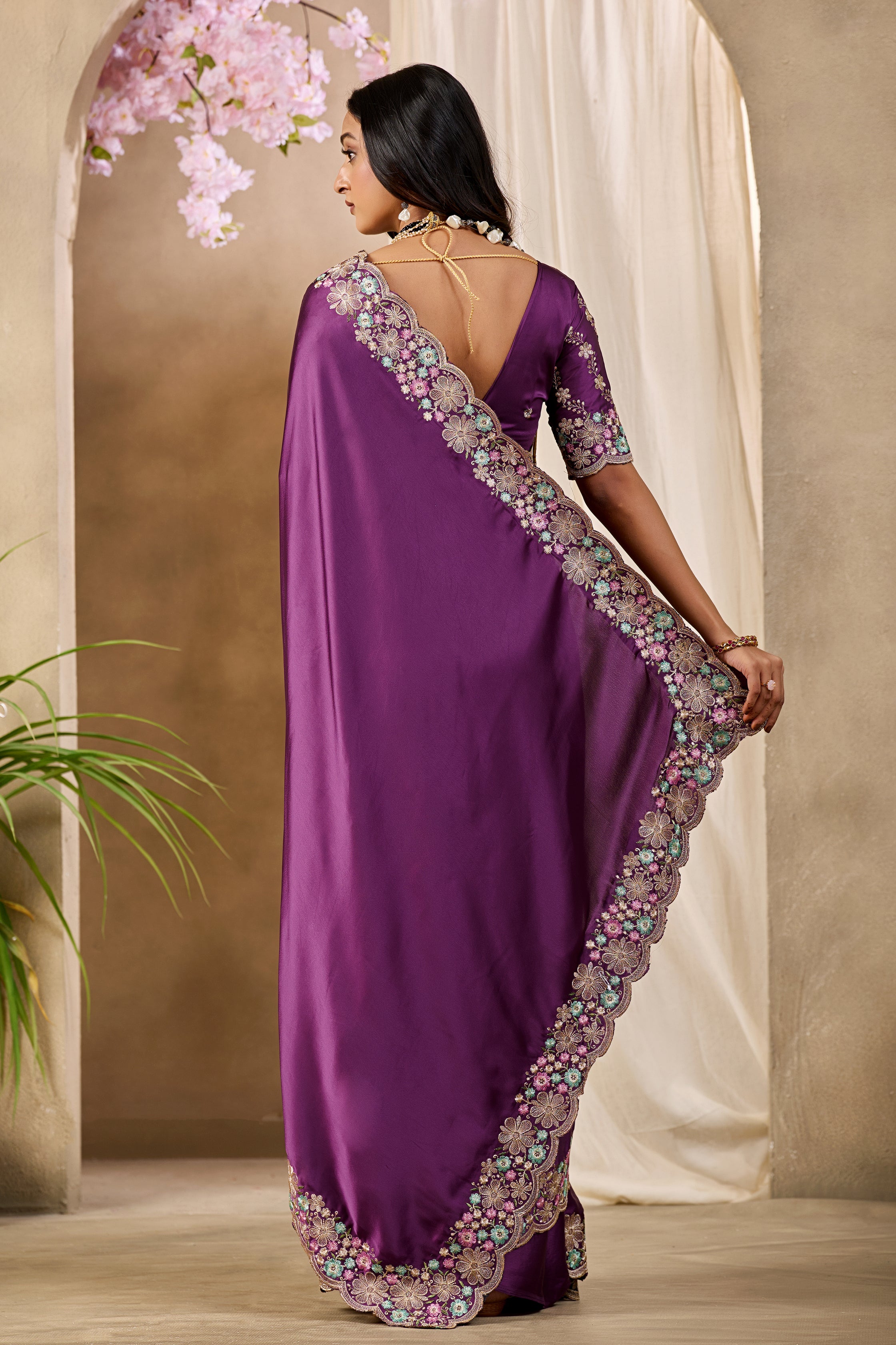 MANASVI Satin Embellished Embroidered Saree - Dark Wine