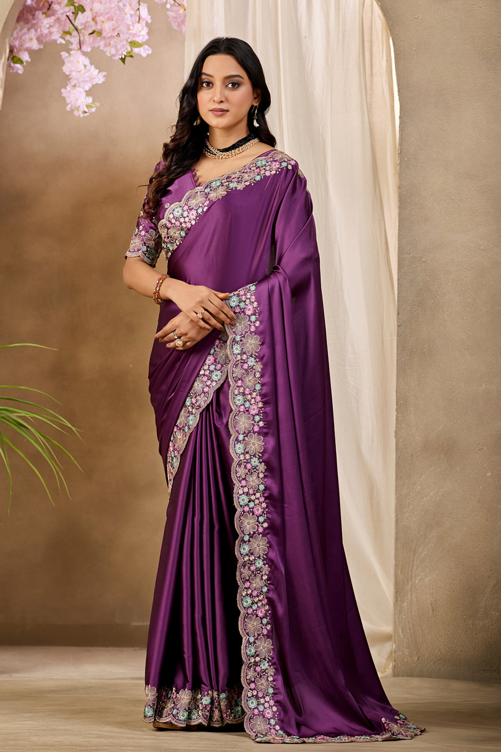 MANASVI Satin Embellished Embroidered Saree - Dark Wine