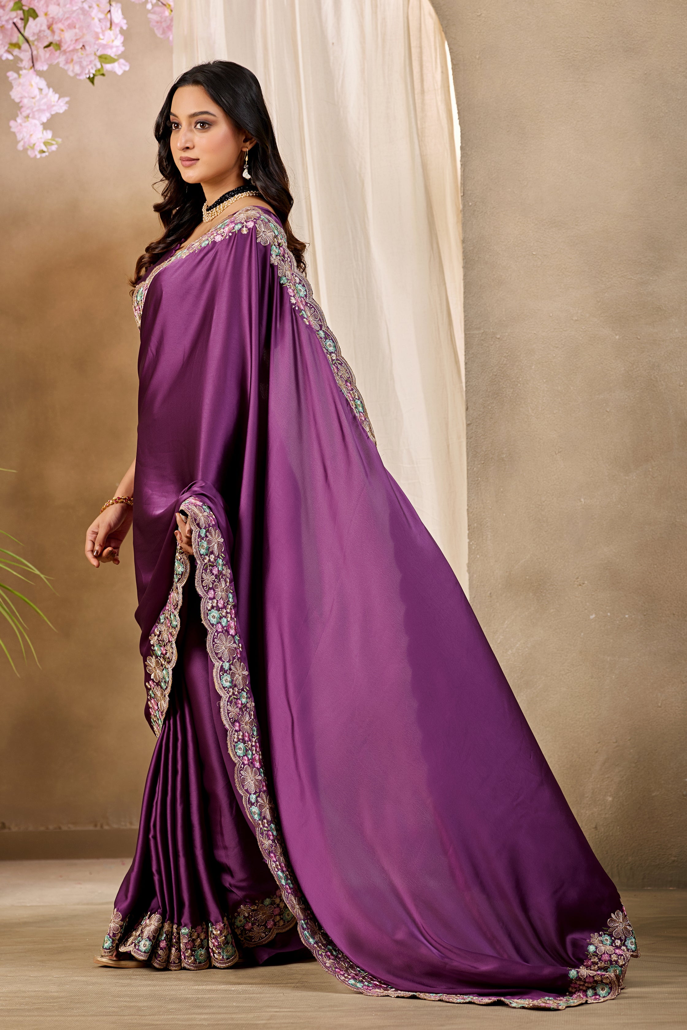 MANASVI Satin Embellished Embroidered Saree - Dark Wine