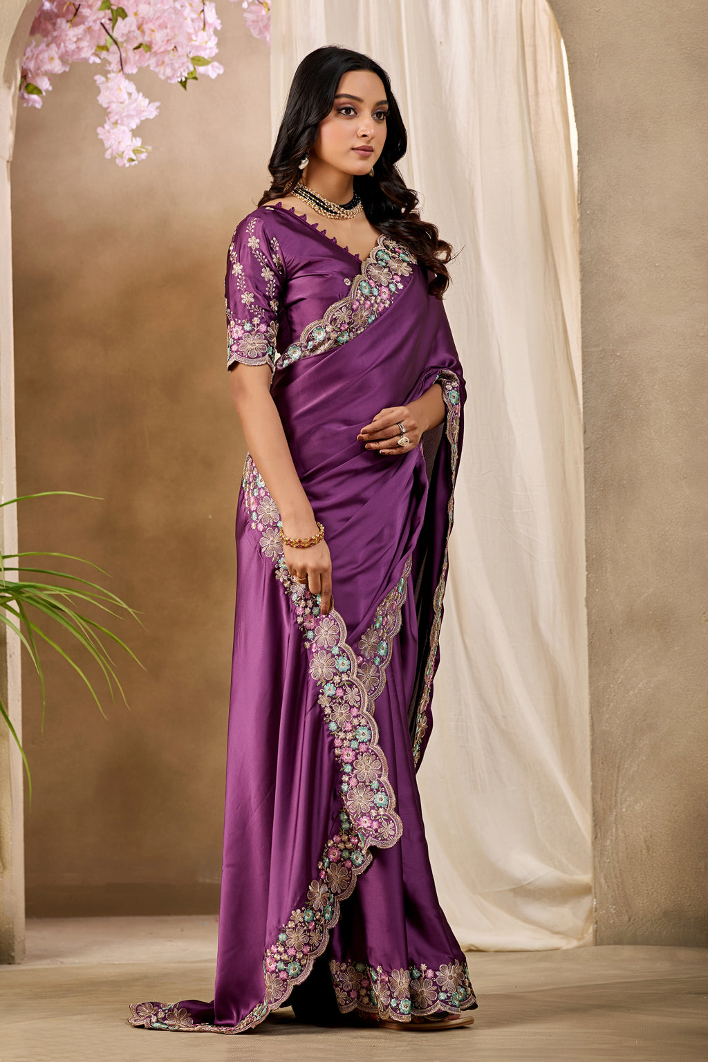 MANASVI Satin Embellished Embroidered Saree - Dark Wine