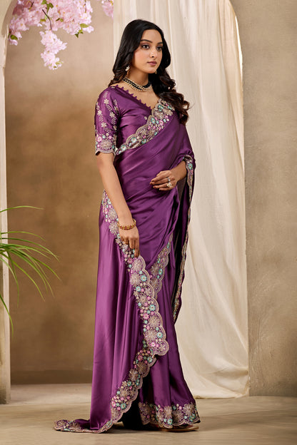 MANASVI Satin Embellished Embroidered Saree - Dark Wine